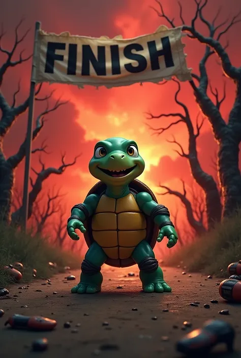 A turtle smiling while standing at the race finishing line background horror 