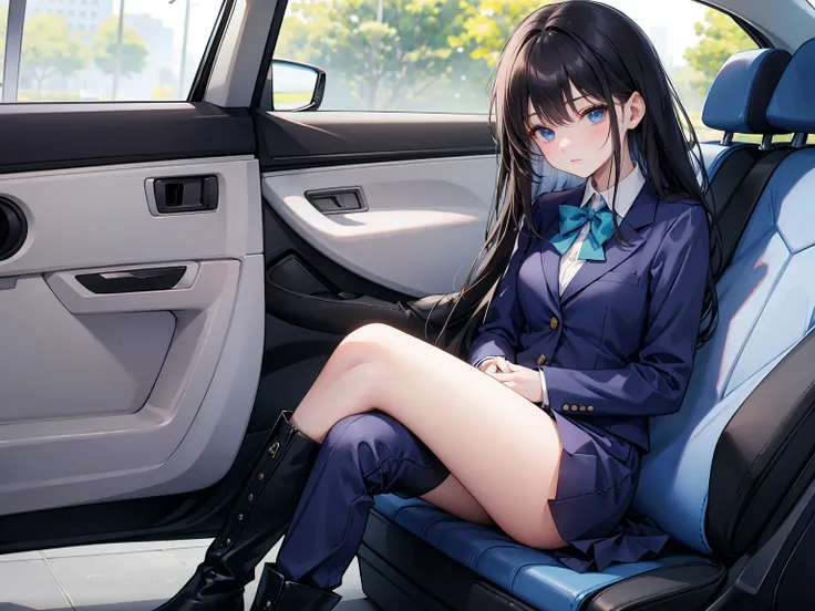 high school student ， Has long, dark hair ， with warm blue eyes ， Wore a fresh blue suit and black boots ， pure white collar and bright green bow 。 has long dark hair and warm blue eyes ， sitting in a car seat ， spread legs