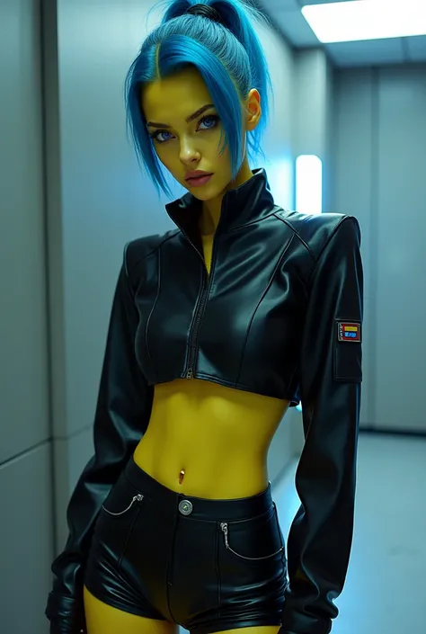  An 18-year-old adolescent woman with yellow skin and ,  wearing black leather shorts and black leather mini blouse, with blue hair and lilac eyes  