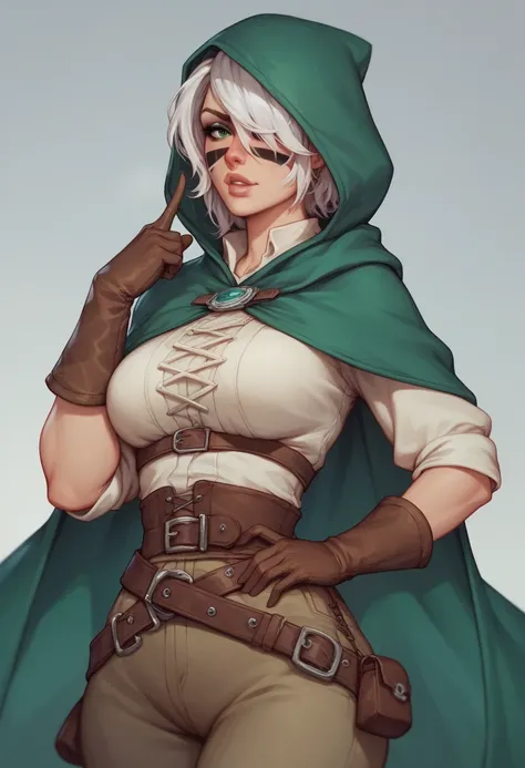 The Rogue: A female figure with short, angular white hair partially hidden under a deep green hooded cloak. She is dressed in a dark BLUE, form-fitting tunic that extends just below the hips, cinched at the waist with a wide brown belt featuring a silver r...