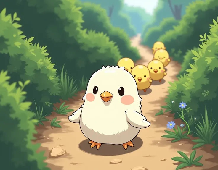 Masterpiece,Best quality, Anime style, pure white sparrow mascot, round body, fluffy body, simple face, cute appearance, In the forest, white sparrows and yellow chicks coming out of the wild path surrounded by bushes, The yellow chicks form a formation an...