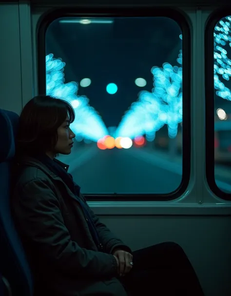 Inside a moving night train, A woman sits on a train seat and looks Lonely out the window, gazing out the window, Lonely Feeling, face reflected in car window glass, reflection of car window glass. The street trees are decorated with lots of pale blue LED ...