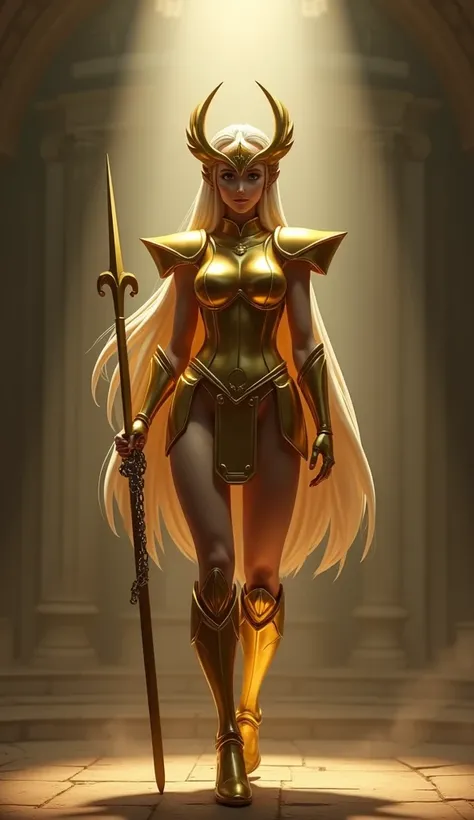 create a 3D animated cartoon character similar to the film Saint Seiya, a beautiful woman with a sexy body, a beautiful face and long straight golden white hair, wearing gold armor complete with a helmet covering her head like Saint Seiya, the armor symbol...