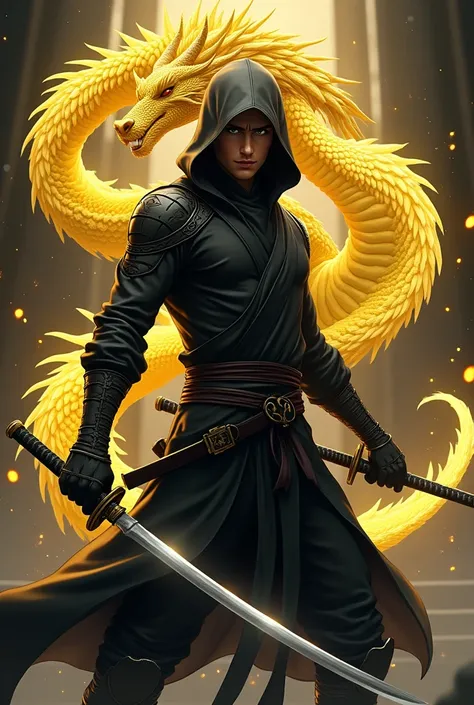 Anime: yellow dragon wearing black hooded ninja suit, and wields katanas 