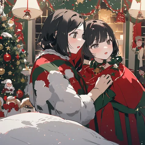  Room with Christmas decoration ,where there are two people ,  one male and the other female who ,  alone in room . they have BOTH round lenses and black hair ,  are wearing Christmas clothes and both are looking at each others faces 