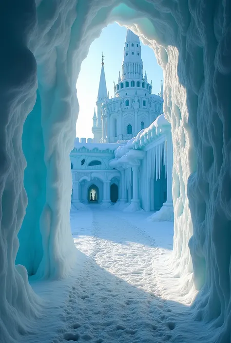  the majestic Ice Palace sparkling under the rays of the winter sun,  magical fantastic architecture , creating a grand spectacle .  Majestic ice walls ,  sparkling towers ,  crystal bridges , ice figures ,  inside — warm light or magical glow .  inhabitan...