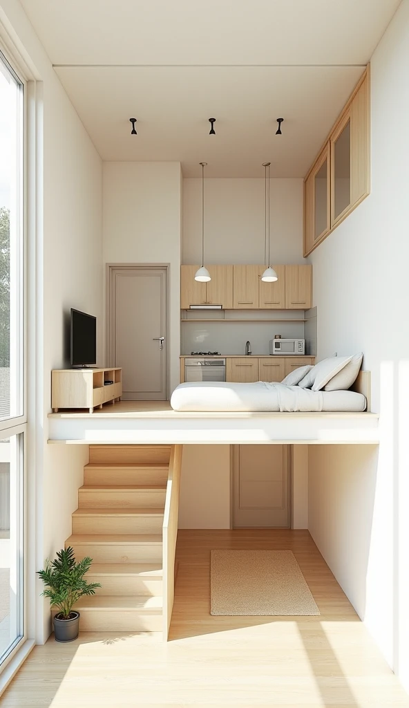 Mezzanine floor in a minimalist apartment (stairs). above consists of (bed. tv). the room below is higher. there is an exit. minimalist kitchen. minimalist living room.