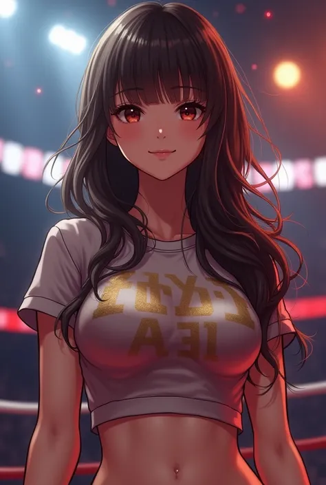 1girl, wide bangs, (wavy hair:1.4), strong biceps, (ultra feminine:1.3), ((very slim arms:1.5)), very high quality, (wrestling ring), (brown hair:1.2, long hair), (smile:1.3), looking at viewer, highly detailed wrestling background with titration screen an...