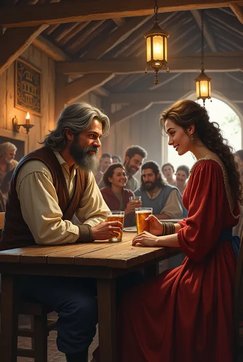 A 25-year-old man from the Middle Ages and an 80-year-old man entered the wooden tavern of the same period. The two were sitting on a table. A 25-year-old woman dressed in a dress appropriate to the period was standing near the table, walking from the righ...