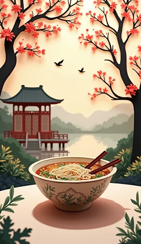 A piece of paper, Very detailed, Paper-cut art, A piece of paper displayed a bowl of Vietnamese pho noodle soup on the table, Noodle bowl with trees behind it. Silhouette of birds and an ancient Vietnamese house