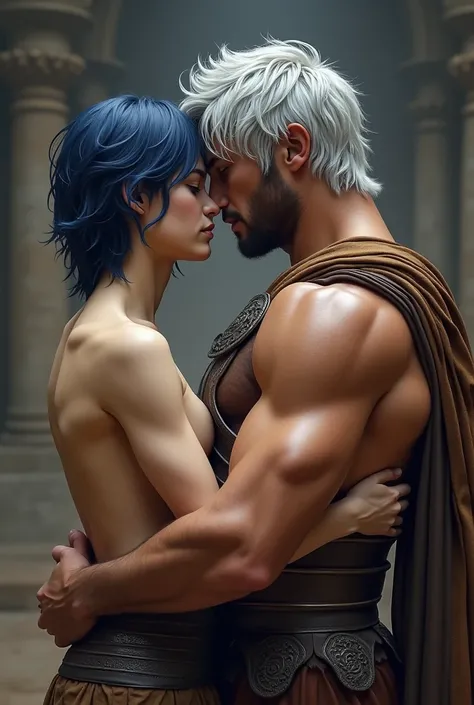  Attractive boy with navy blue hair ,  blue eyes and white skin kissing a silver-haired gladiator, of muscles , attractive and tanned skin . 