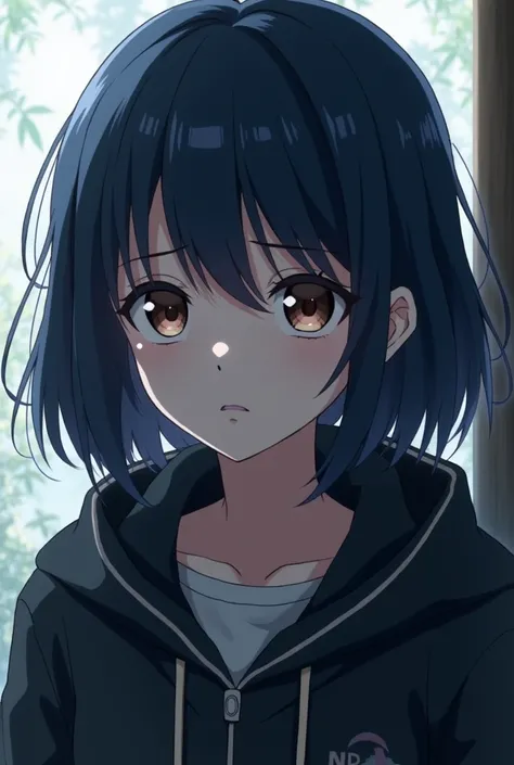 Make a character with dark blue hair and brown eyes in the anime art style