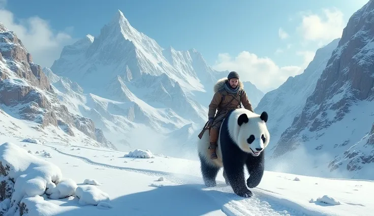 Man traveling on a panda、 snowy mountains