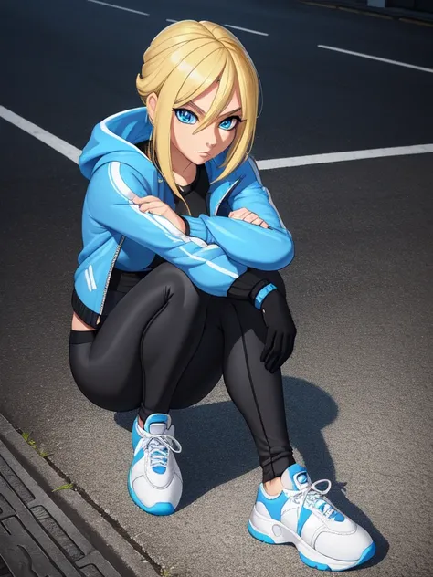 (masterpiece, 4k, high quality, super detailed eyes and face:1.2), 1girl, solo, Gen-Z, Zoomer, 25-year-old female, blue eyes, and blonde hair with blue hair streaks in it. She wears a gray jacket, Lululemon-branded black leggings, and white sneakers.
