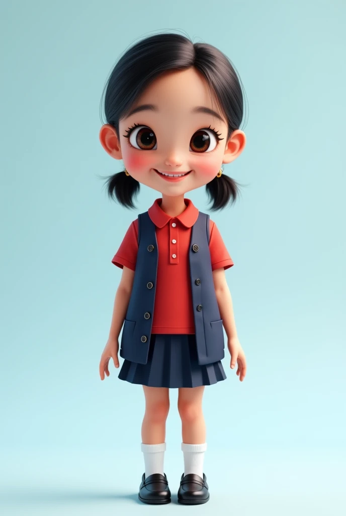 4D realistic caricature of a  Indonesian school girl, fair complexion, hair in two ponytails, sweet smile, wearing a plain red poloshirt, long navy colored button up vest, black womens loafers, white socks, standing with two fingers on her hands, soft blue...