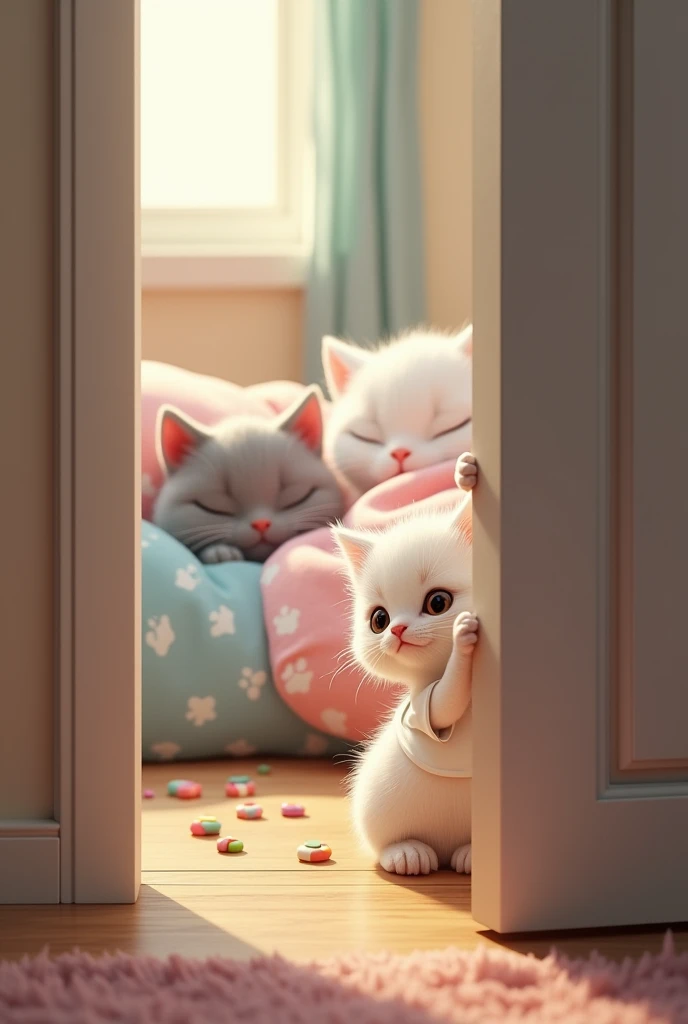 Scene 3: Checking on the Family

The little white kitten wear t shirt white , with a playful expression, stands in front of the bedroom door, wearing only a simple white shirt. His small paws gently press against the door, which is only partially open. He ...