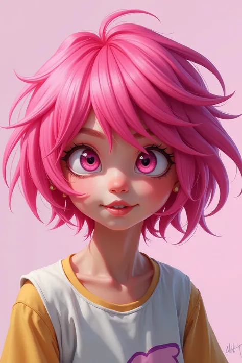 Messy pink hair short pink eyes xD