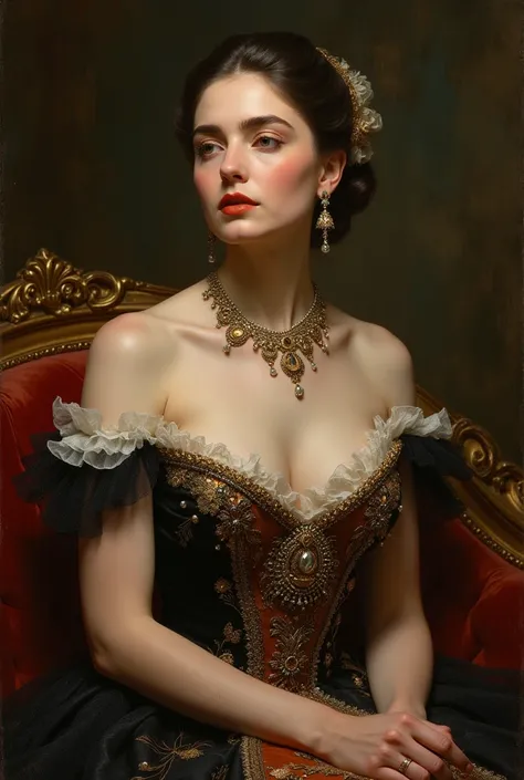 a beautiful Russian elegant woman, 1girl, Romanov family princess, ornate jewelry, detailed facial features, cleavage big breasts, sensual body, early 20th century fashion, luxurious dress, photorealistic, highly detailed, masterpiece, dramatic lighting, c...