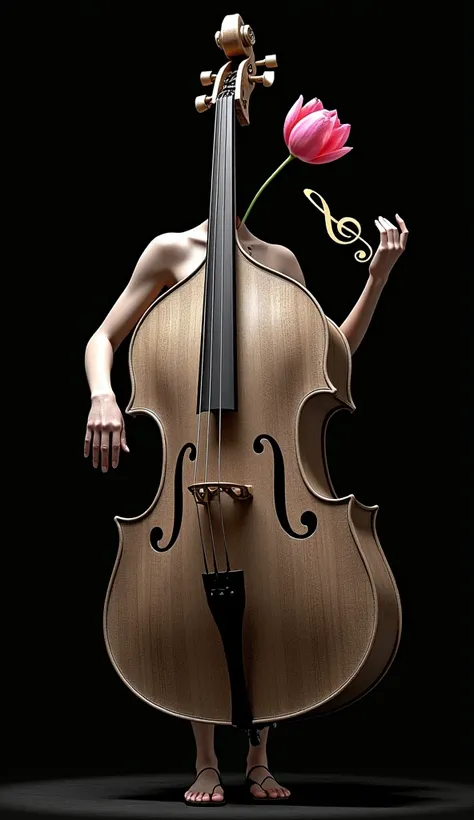 black background, . The woman looks like a double bass in the form of a double bass, instead of her head, a pink tulip ,  holds a violin clef figure in her hand 