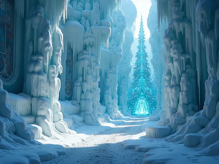  Photorealistic professional movie, movie scene ,  the majestic Ice Palace sparkling under the rays of the winter sun,  magical fantastic architecture , creating a grand spectacle .  Majestic ice walls ,  sparkling towers ,  crystal bridges , ice figures ,...