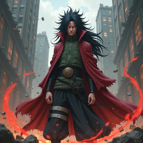 "A highly detailed and realistic depiction of Madara Uchiha from Naruto, standing with an intense, angry expression. The scene is set in the midst of a chaotic battlefield, with towering, crumbling skyscrapers in the background. The air is filled with smok...