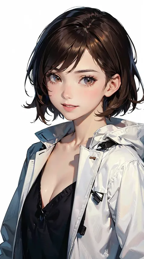 an anime character with fair skin, brown hair, and brown eyes, 1girl, solo, brown  hair, brown eyes,  smile face,  looking at viewer, parted lips, short hair, bob hair, brown eyes lighting forward, coat, black shirt, wind, small breasts, flat chests, from ...