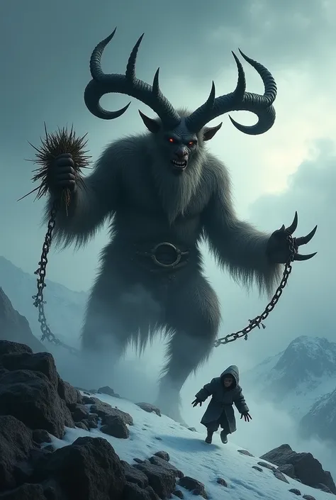 Krampus man on a semi-snowy mountain with a cloudy sky with fog and scared ren running 