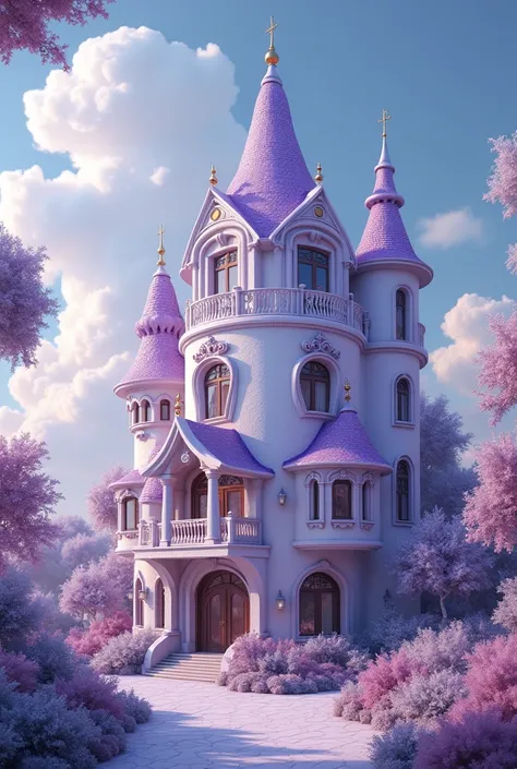 The hotel is purple and white, with thin clouds, fantasy, like in a fairy tale, elegant, elegant, with a touch of coolness, with an eye to eye.
