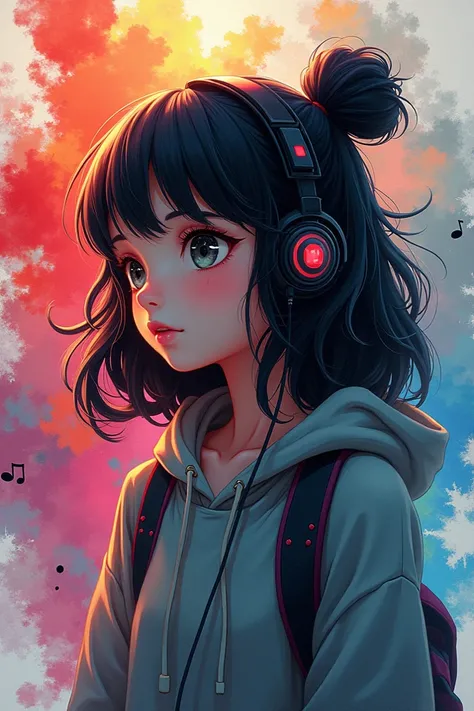 黒人sound楽のsound符. sound楽を聴く少女, Earphones, 黒いsound符, sound, Wave,  abstract surrealism , [Ink splash:0.4], An explosion of colors ,  hair that blends into the background color ,  gorgeous hyperrealism,  attractive, cartoon, 