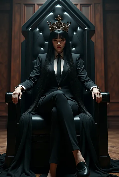 Asian vampire queen with black hair and bangs in a trouser suit and tie sitting on a large imposing black throne, a crown with a cross , cinematografía,  Photorealistic image