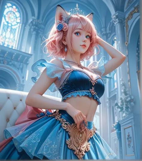 ((Best quality, 8k, Masterpiece :1.3)), upper body, Sharp focus :1.2, Beautiful girl with cute figure, Highly detailed facial and skin texture, Detailed fox eyes, Double eyelids, Interior view, Perfect lighting, Glowing skin, with pink hair 