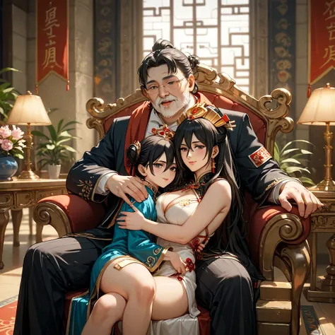 (( top quality)), ((masterpiece)), ( Details), （ perfect face）、The woman snuggling up to the old man of the ancient Chinese emperor is the dark-haired Mikasa Ackerman in a luxurious room, and she looks like an ancient Chinese empress and sits snuggle up wi...