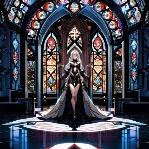 (masterpiece:1.4), (best quality:1.4), (anime style:1.3), (super detailed:1.2), (high resolution:1.3), (professional photography:1.4), alluring priestess leader, black form-fitting ceremonial dress with exposed midriff, sharp red eyes, voluptuous figure, l...