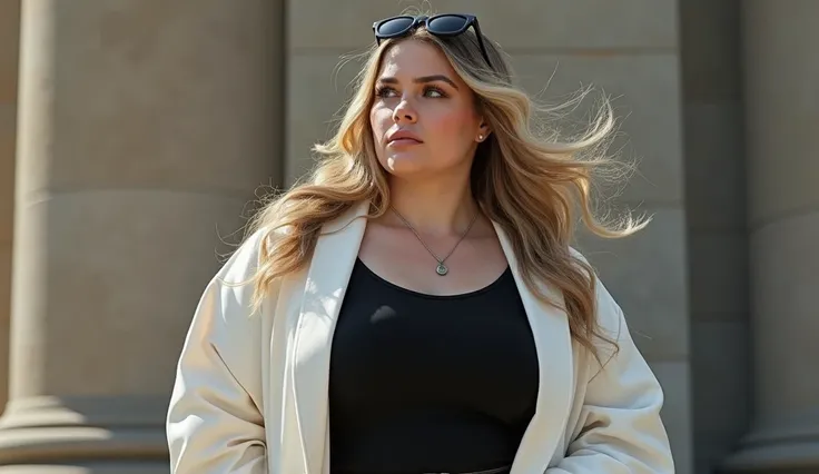 Belinda 28 year old , piel blanca y chubby,  long wavy dark blonde hair ,  wears a plus-size black top with a plus-size white coat, with dark sunglasses ,  draped on her back against a large stone wall , Daytime atmosphere, wind blowing her hair, looking t...