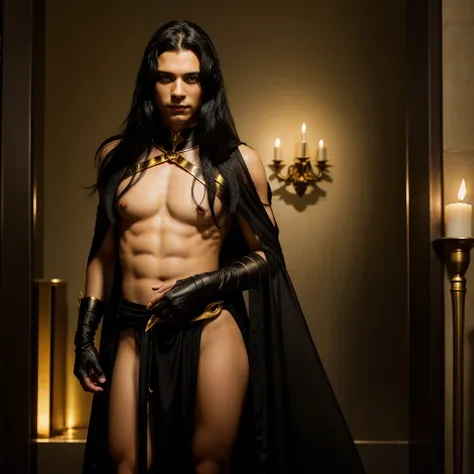 A young man with black hair, golden eyes, wearing a sorceress costume