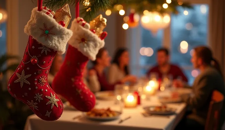 16K quality，Hyperrealism，Close-up hanging Christmas socks ，The background is a blurred group of people having dinner happily