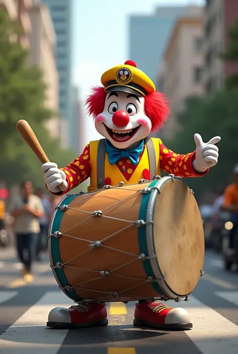 Create an image of a clown dressed as a Colombian traffic agent, Make him look kind and friendly playing a big drum 