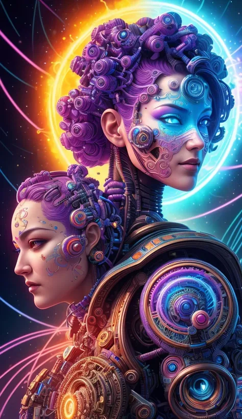 portrait of beonic goddess wearing epic bionic cyborg implants of different vibrant colors, detailed intricate ornate cables connected to head, portrait front face reference, by dan mumford and naoto hattori, extremely beautiful and proportionate, masterpi...