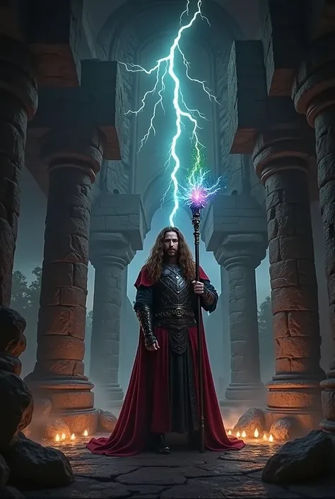 Merlin the powerful wizard, with a and very long wavy brown hair, stands in a mystical setting wearing dark, leather-like armor and a flowing red robe. He holds a staff glowing with blue,green, pink energy amidst bolts of lightning in the background, creat...