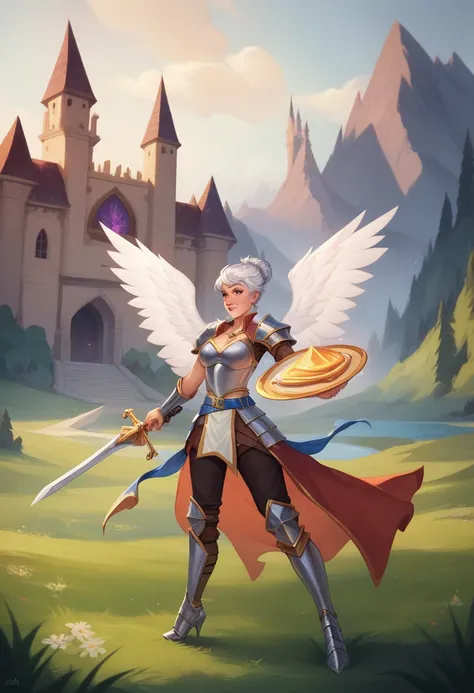 "Create an animated character that blends the ethereal, angelic qualities of the Battle Healer with the fierce, warrior-like attributes of the Valkyrie from Clash Royale. She has short, sleek platinum-white hair styled in a bob, paired with large, graceful...