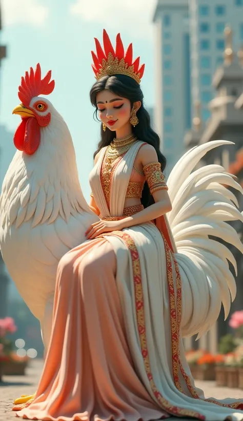 A goddess is sitting on a white rooster and the background is of a big city and the goddess is full saree and full blouse costume in 3D 