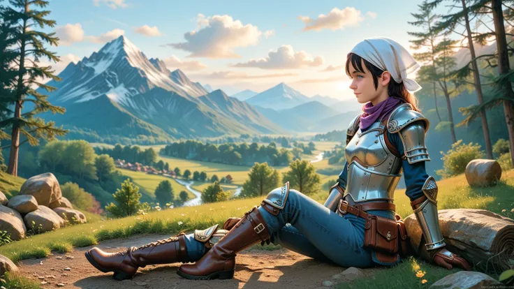 Loli, ( is the best quality, Beruca , Gloves), armor,   purple scarf  , 黑色Gloves, pants, boots,  headscarf , Sitting, Ahead, Trees, Mountain,  The background is a beautiful landscape,  gentle sunset ,  Subtle reflection on the ground .