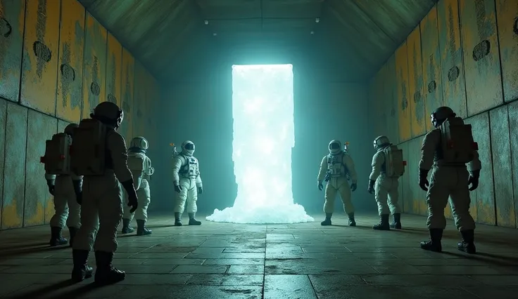 Astronaut scientists inside an alien ship with rustic metal walls, with unknown hieroglyphics, inside the ship in the center a luminous monolith emerges from the floor, similar to a translucent rectangular ice cube.