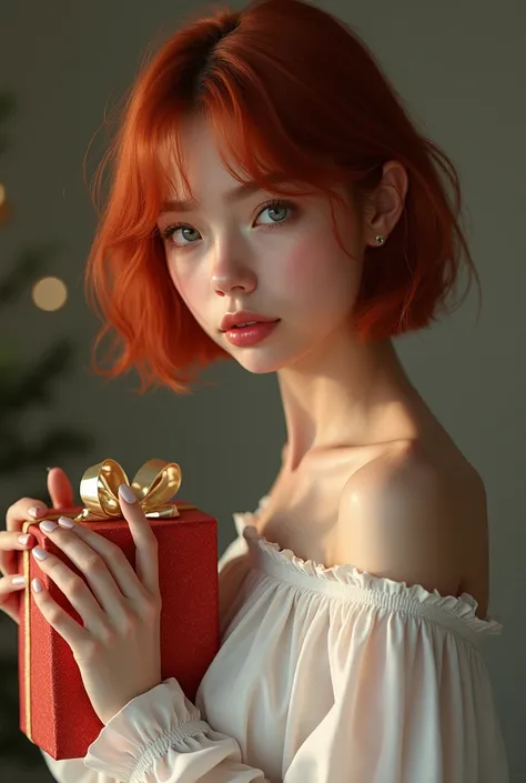  very detailed,  extremely realistic,  hyperrealism,  super real ,  top quality,(  Masterpiece  , soft lighting ,  STYLISH EYES WITH EVERY DETAIL: 1.2),15-year-old girl, (cute), standing pose、 Christmas present, off-the-shoulder sheer white top ,  gaze str...