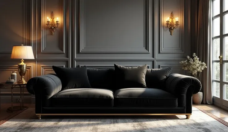 A luxurious living room with a black sofa in a gray and gold sofa