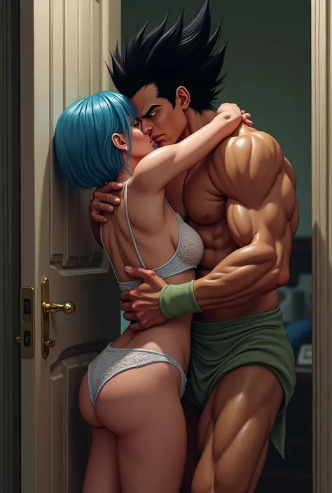  Vegeta kissing Bulma ,  she with a surprise gesture . Her blue hair , Barely crossing her shoulders ,  her voluptuous but not ordinary body .  Dressed in a set of lace underwear ,  is cornered against the door that is closed while Vegeta holds her by the ...