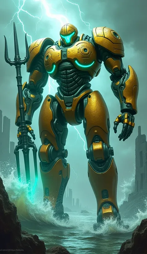 A colossal, muscular warbot standing amidst a flooded battlefield with crashing waves and stormy skies. Its metallic frame is painted in shimmering gold and green, with intricate scales etched into its armor. Neon lights glow in an aqua-blue hue along its ...