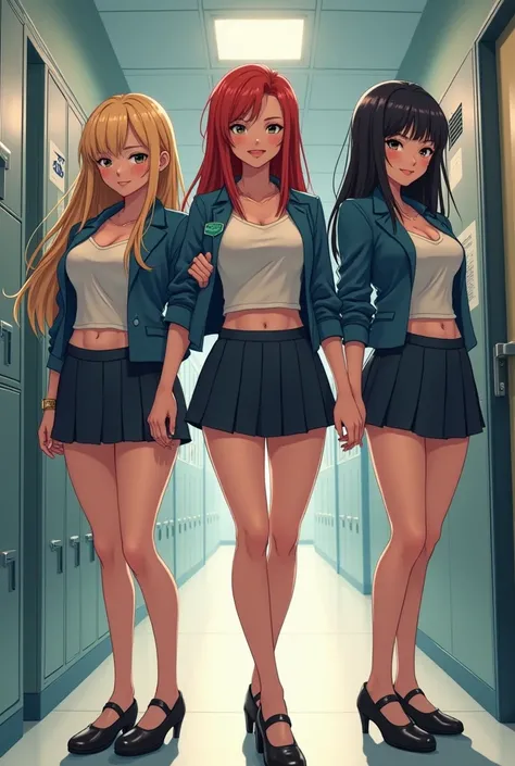 make a picture of three anime high school girls. they have the bodies of adult women.   who stand tall with sly grin