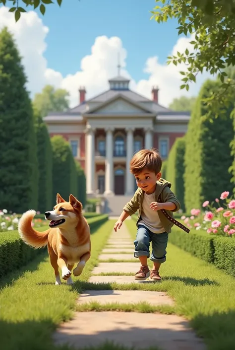 create a realistic image of a boy playing with his dog in the garden of the mansion