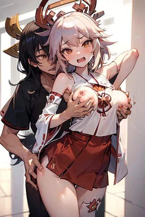 Master piece,best quality,nsfw,1boy((((((grabbing mikos breasts from behind)))))),black long hair,loli miko((clenched teeth,cry,shirt lift)),in charch,from above
